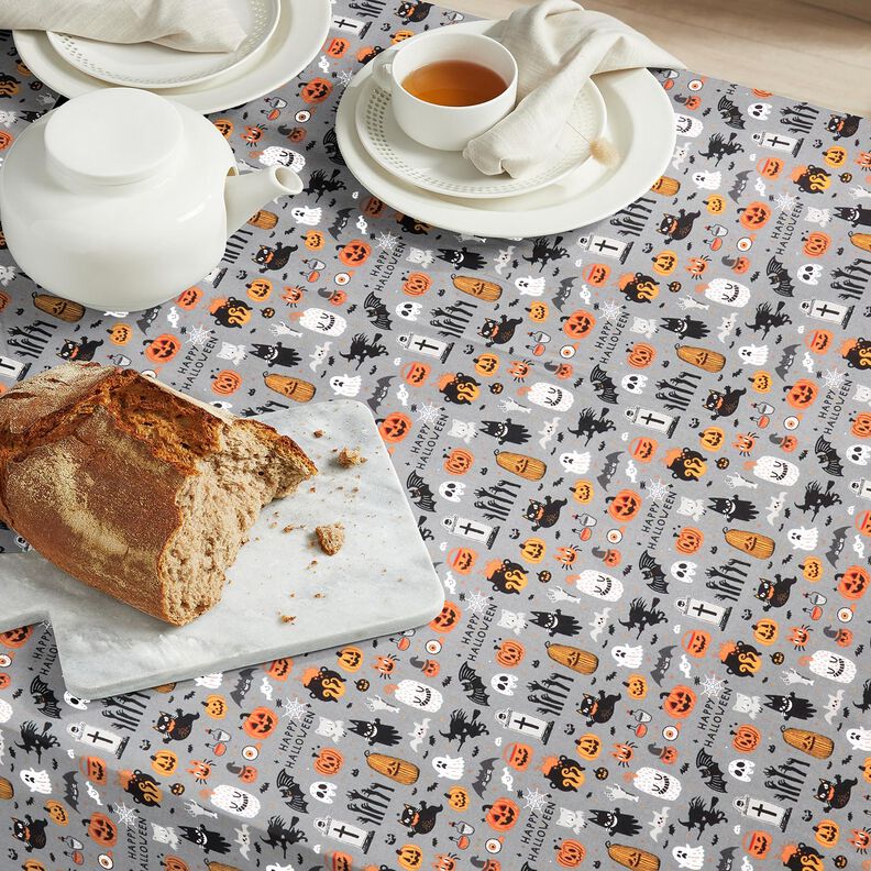 Bavlněná látka Popelín Happy Halloween – sloní šedá/světle oranžová,  image number 6