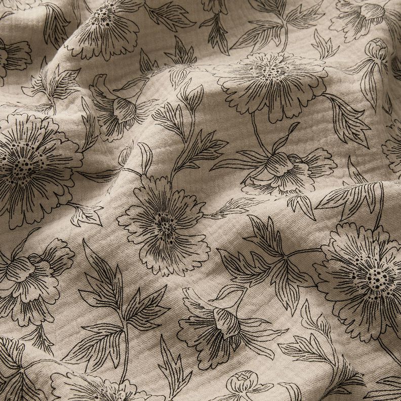 Mušelín / dvojitá mačkaná tkanina Velké květiny – taupe (šedohnědá)/černá,  image number 2