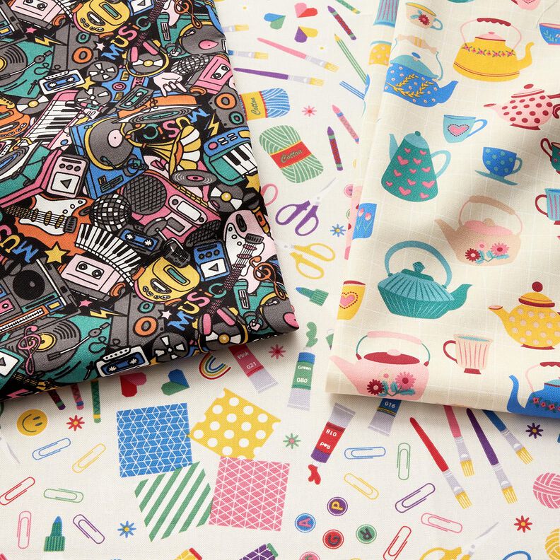 Dekorační látka Polopanama Čajové konvice – světle béžová/modrá,  image number 5