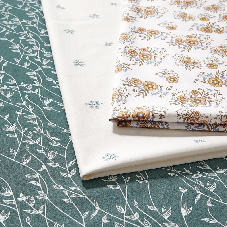 Bavlněný popelín Větve a lipové listy – bílá/eukalyptová,  image number 5