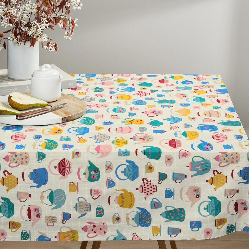 Dekorační látka Polopanama Čajové konvice – světle béžová/modrá,  image number 8