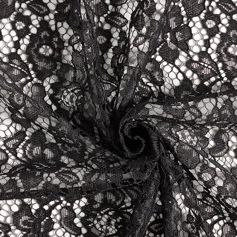 Krajková látka s oboustranným obloučkovým okrajem Květy – černá,  image number 4