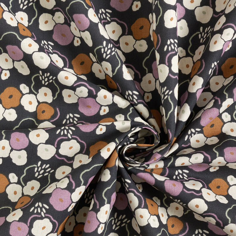 Bavlněná látka Kreton Hravé květiny – černomodrá/pastelově fialová,  image number 3