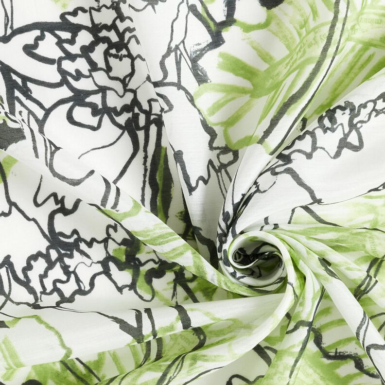 Směs bavlny a hedvábí s abstraktními květy – slonová kost/májově zelená,  image number 3