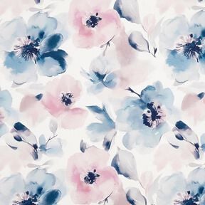 Dekorační látka Polopanama Velké akvarelové květiny – bílá/pastelově fialová, 