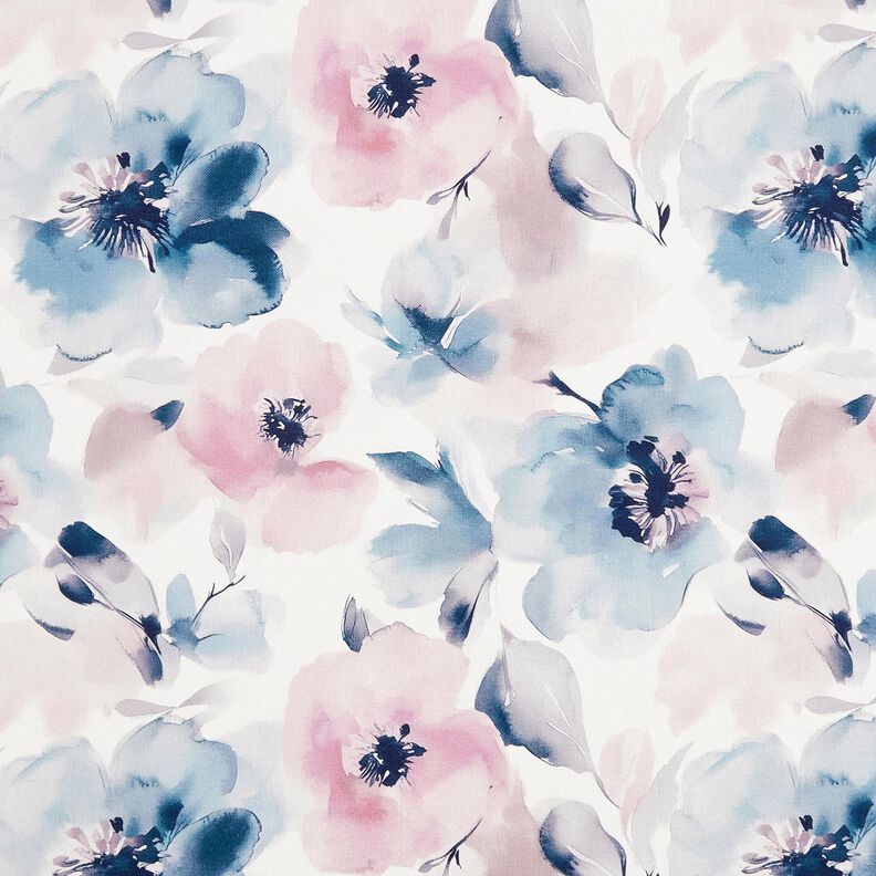 Dekorační látka Polopanama Velké akvarelové květiny – bílá/pastelově fialová,  image number 1