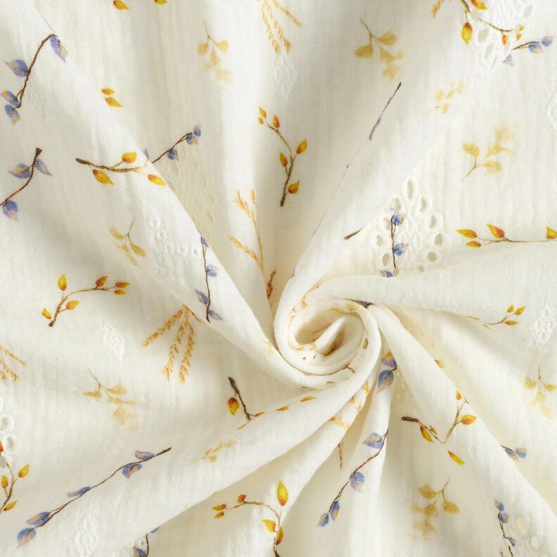 Mušelín / dvojitá mačkaná tkanina Vzor větví Dírková výšivka – vlněná bílá,  image number 3