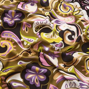Viskózová tkanina Retro květiny – olivová/světle fialova, 