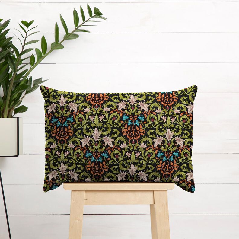 Dekorační látka Polopanama Lístkové ornamenty – černá/piniová,  image number 7