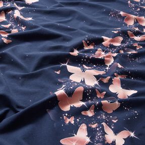 Bavlněný žerzej Třpytiví motýly | Glitzerpüppi – noční modrá/starorůžová, 