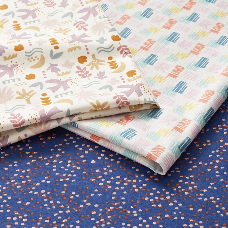 Bavlněná látka Kreton Abstraktní ptáci – vlněná bílá/pastelově fialová,  image number 5