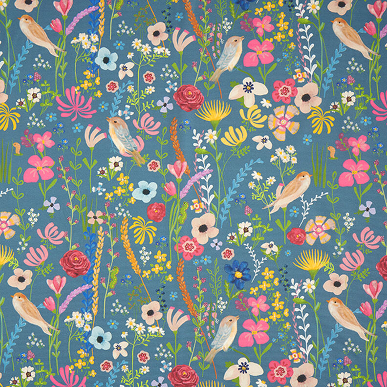Látka pro venkovní použití Plátno plátno Ptáci a květiny – ocelová modr,  image number 1