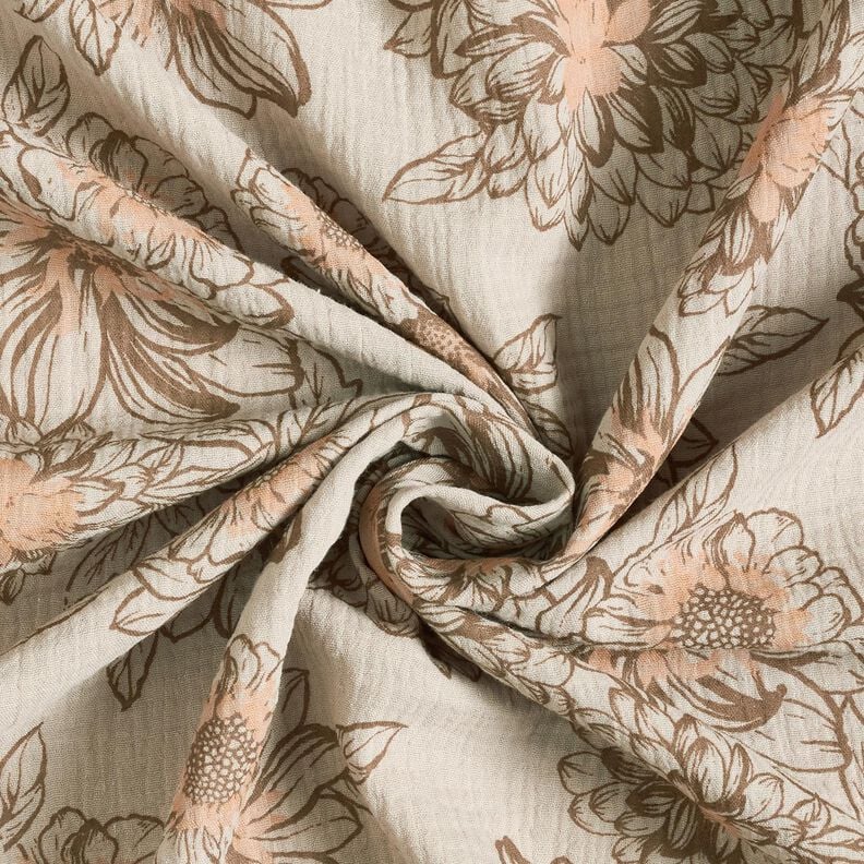 Mu&scaron;el&iacute;n / dvojit&aacute; mačkan&aacute; tkanina Letn&iacute; květiny &ndash; taupe (&scaron;edohněd&aacute;)/středně hněd&aacute;,  image number 3