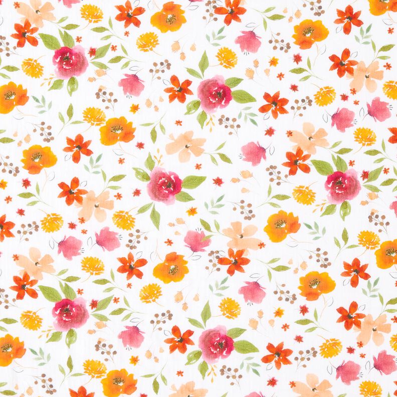 Mušelín / dvojitá mačkaná tkanina barevné akvarelové květiny digitální potisk – bílá,  image number 1