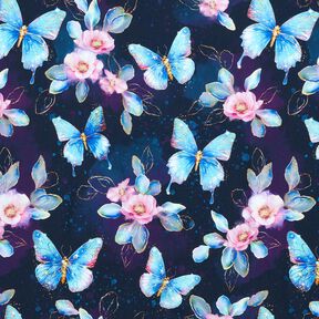 Bavlněný žerzej Třpytiví motýli a květiny | Glitzerpüppi  – noční modrá/ledově modrá, 