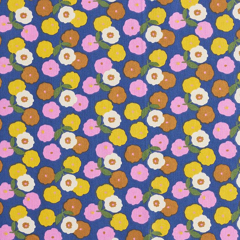 Bavlněná látka Kreton Květy květy – sluníčkově žlutá/modrá,  image number 1