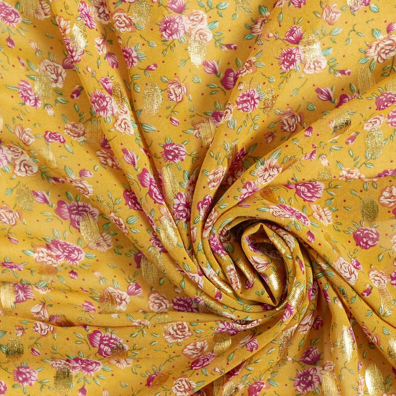 Krepový šifon květy a zlaté tečky – kari žlutá,  image number 3