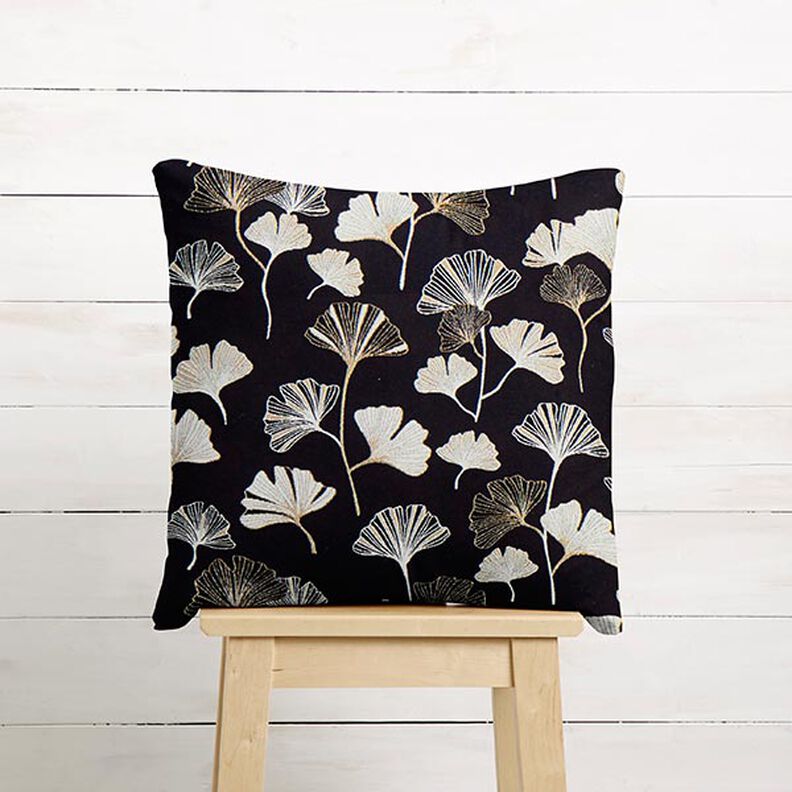 Dekorační látka Žakár Listy ginkgo – černá/zlatá, image number 8