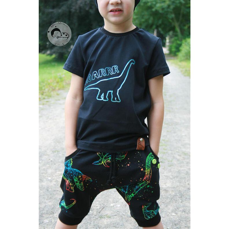 Bavlněný žerzej Dino obrysy | Glitzerpüppi – černá/mix barev,  image number 4