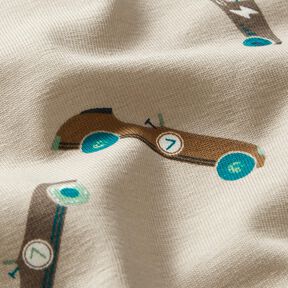 Bavlněný žerzej Retro závodní auta – taupe (šedohnědá), 