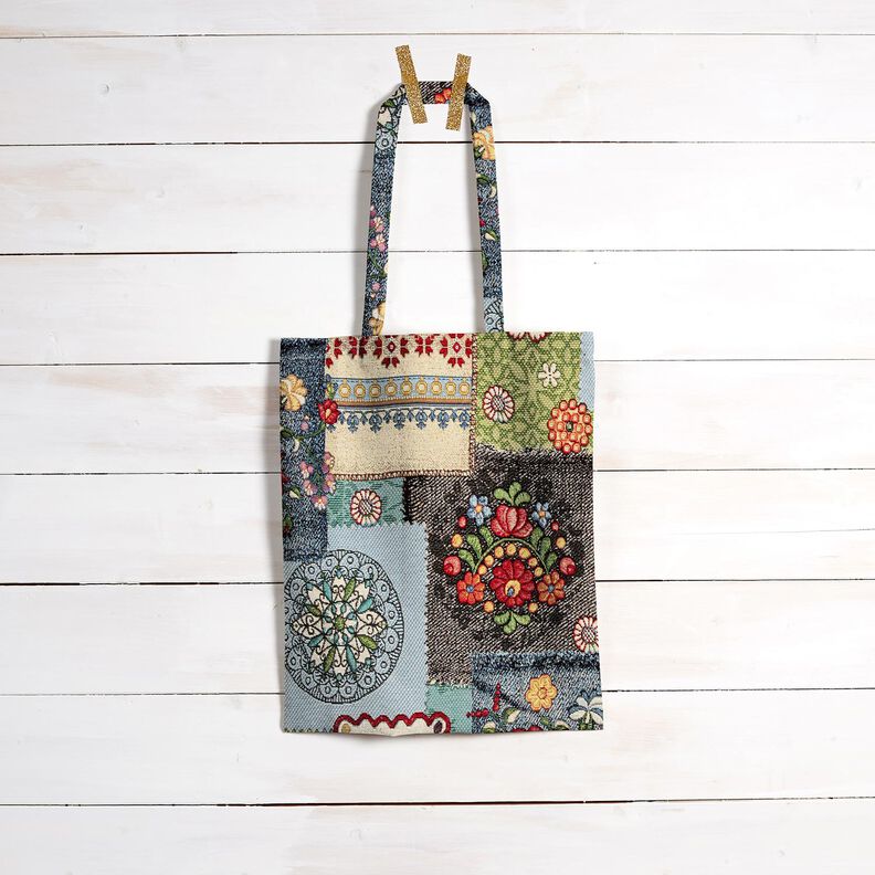 Dekorační látka Gobelín Patchwork džíny – světle béžová/džínově modrá, image number 8