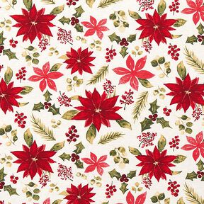 Dekorační látka Plátno Květiny poinsettie – vlněná bílá/karmínově červená, 