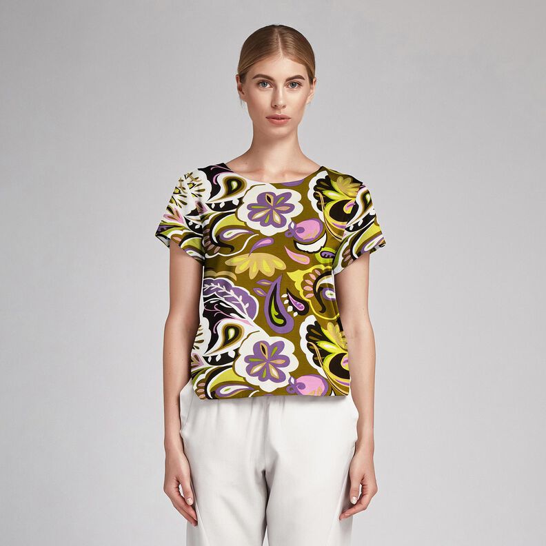 Viskózová tkanina Retro květiny – olivová/světle fialova,  image number 5