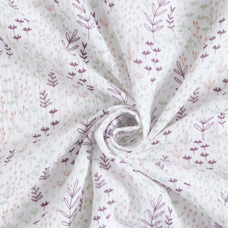 Mušelín / dvojitá mačkaná tkanina Listové úponky – bílá/barva lilku,  image number 4