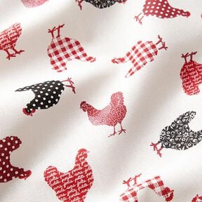 Bavlněná látka Kreton Kuřátka – vlněná bílá/chili červená, 