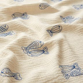 Mušelín / dvojitá mačkaná tkanina vyšívané ryby | Poppy Fabrics – vlněná bílá/královská modr, 