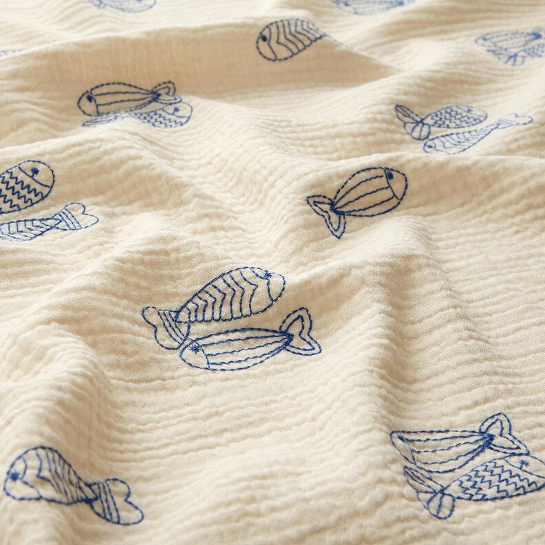 Mušelín / dvojitá mačkaná tkanina vyšívané ryby | Poppy Fabrics – vlněná bílá/královská modr,  image number 2