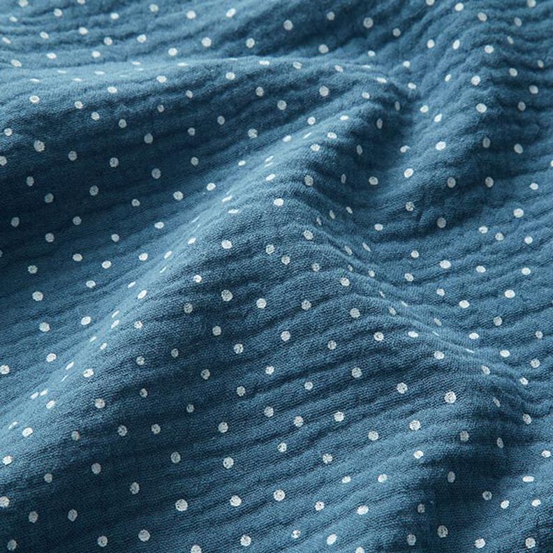 Mušelín / dvojitá mačkaná tkanina Puntíky – džínově modrá/bílá,  image number 2