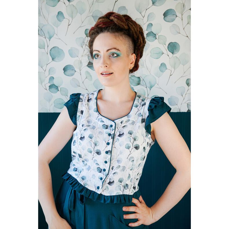 Mušelín / dvojitá mačkaná tkanina Akvarel eukalyptové révy digitální potisk – bílá,  image number 5