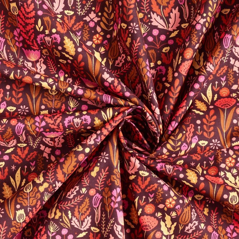 Bavlněná látka Kreton Divoké květiny – merlot/purpurová,  image number 3