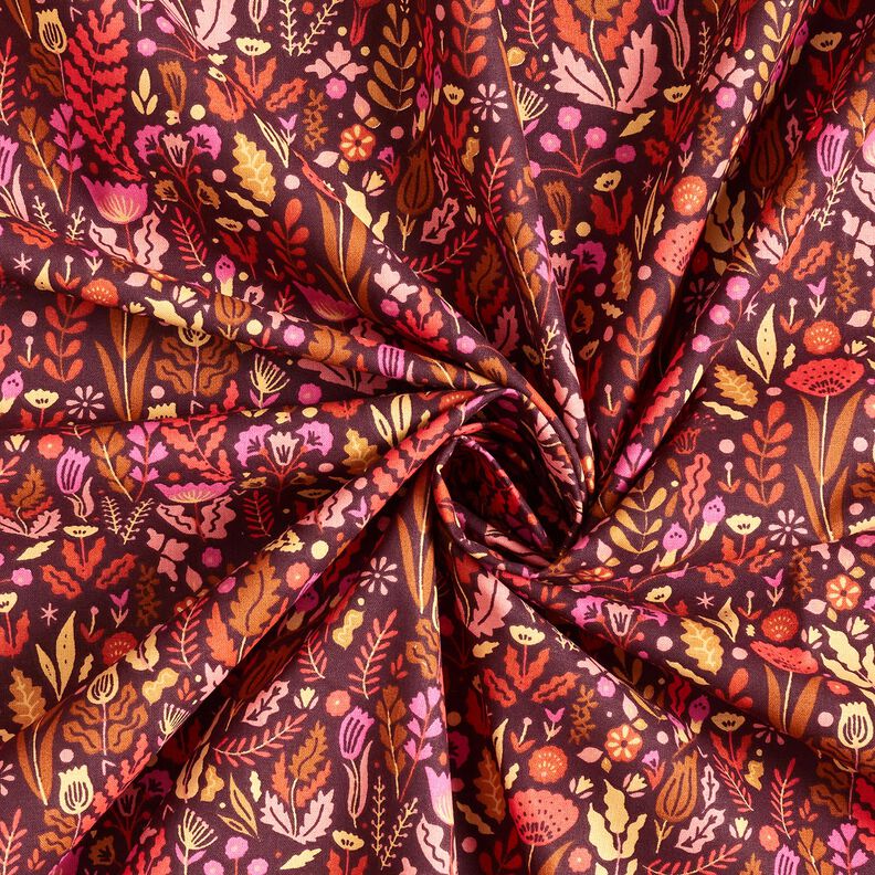 Bavlněná látka Kreton Divoké květiny – merlot/purpurová, image number 3