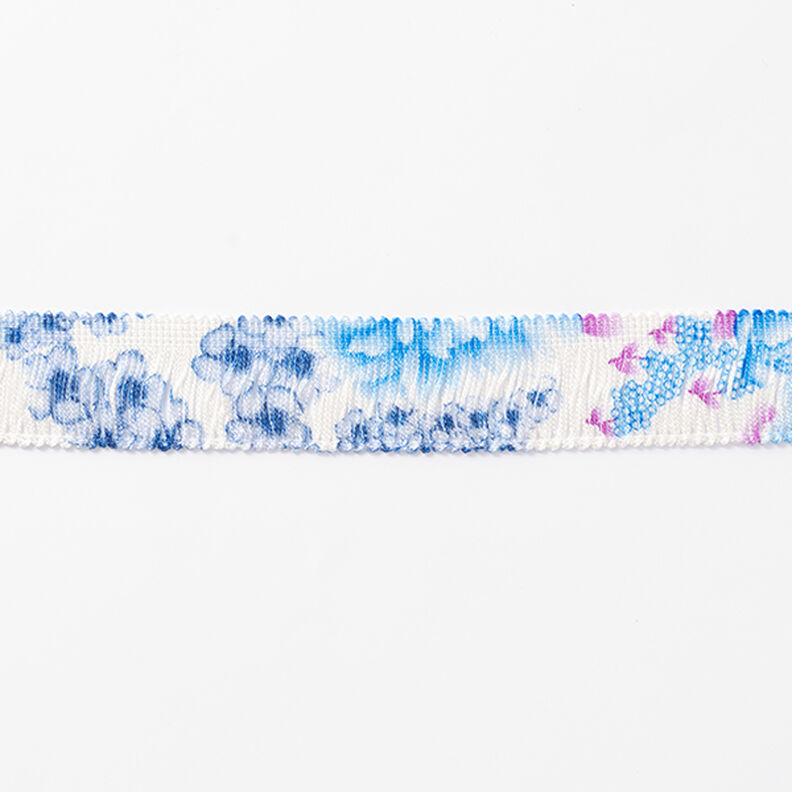 Třásňová stuha Květiny [30 mm] – bílá/modrá,  image number 2