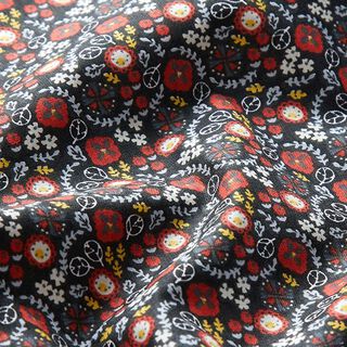 Bavlněná látka Kreton Malé květy – černá/karmínově červená, 