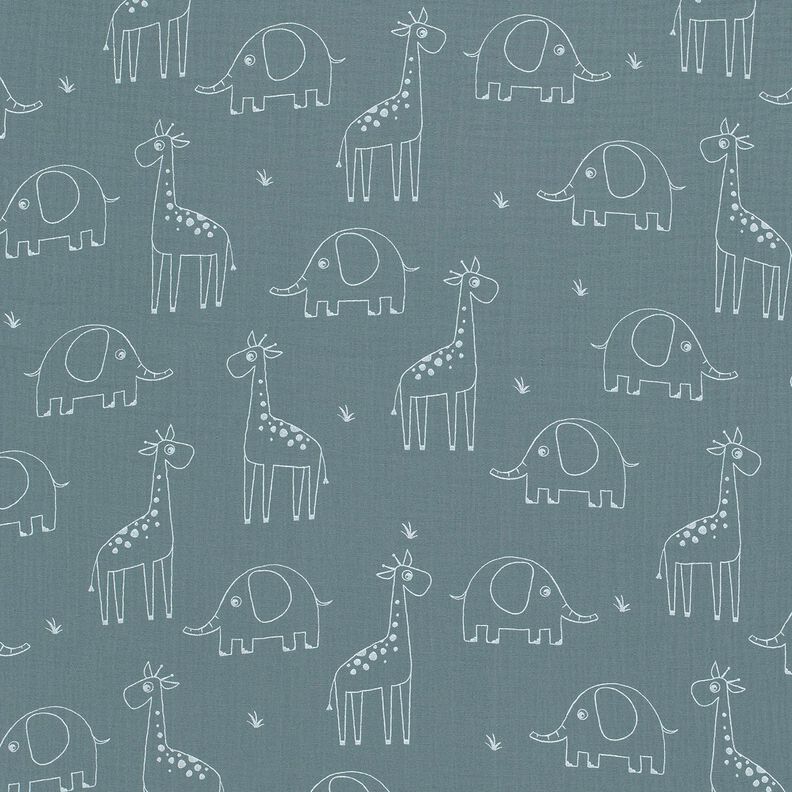 Mušelín / dvojitá mačkaná tkanina Velké žirafy a sloni – holubí modrá,  image number 1