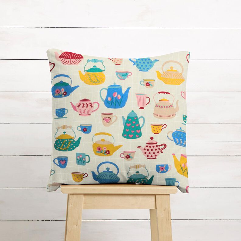 Dekorační látka Polopanama Čajové konvice – světle béžová/modrá,  image number 9