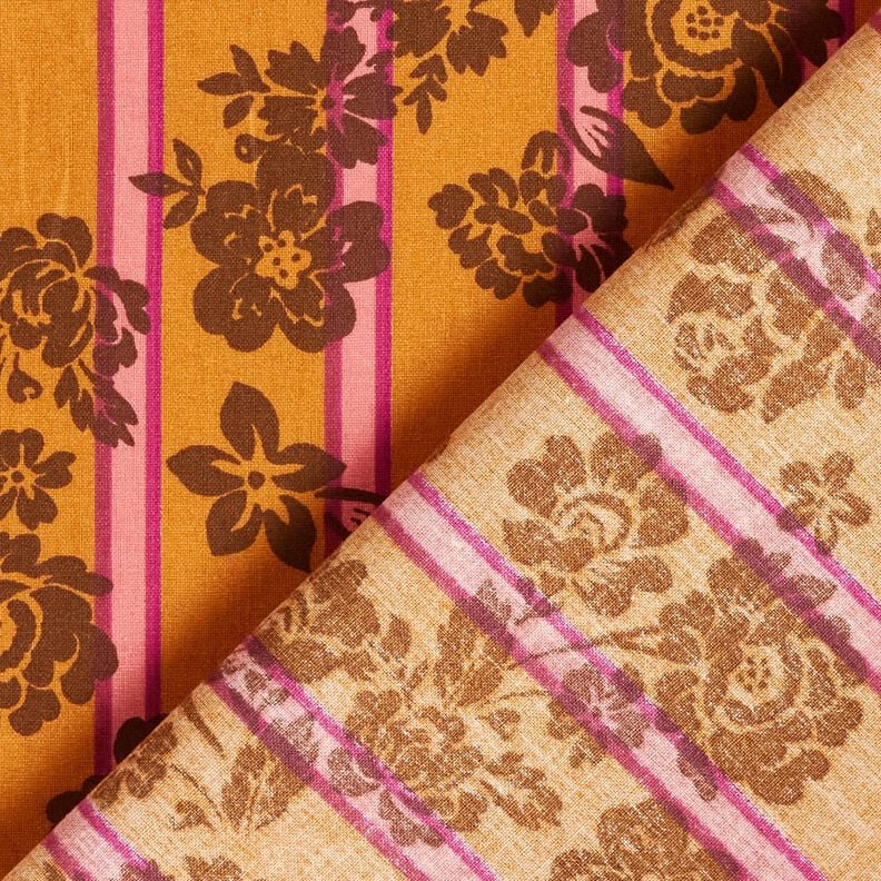Bavlněná látka Kreton Květiny na proužcích – kari žlutá/purpurová,  image number 4