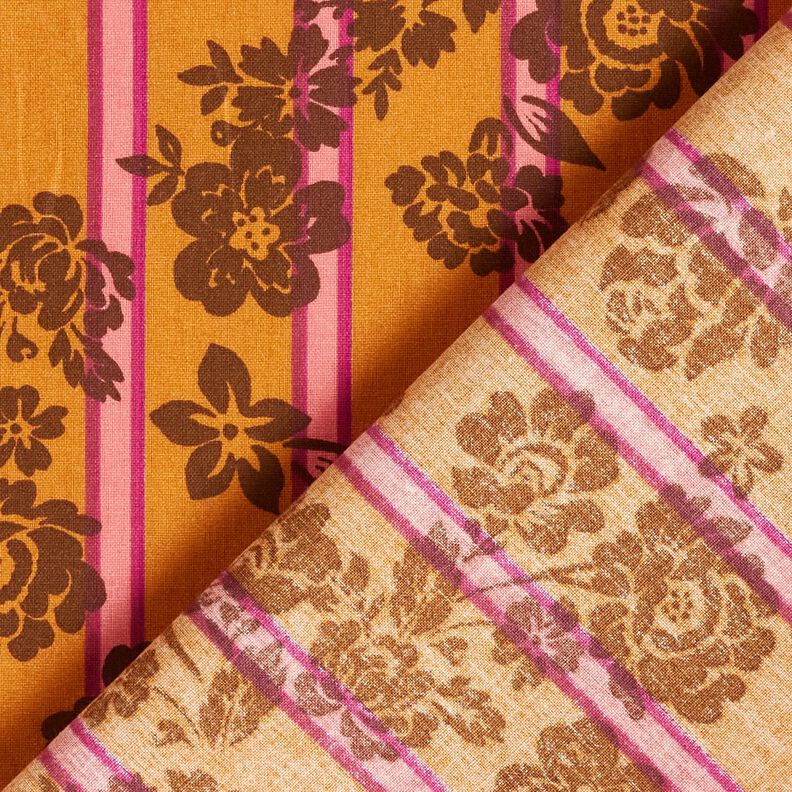 Bavlněná látka Kreton Květiny na proužcích – kari žlutá/purpurová, image number 4