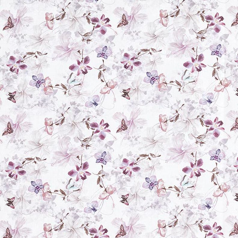 Dekorační látka Bavlněný popelín Motýli a orchideje – pastelově fialová,  image number 1