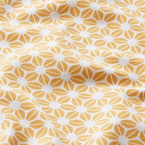 Bavlněný žerzej Abstraktní květinový vzor – vlněná bílá/kari žlutá, 