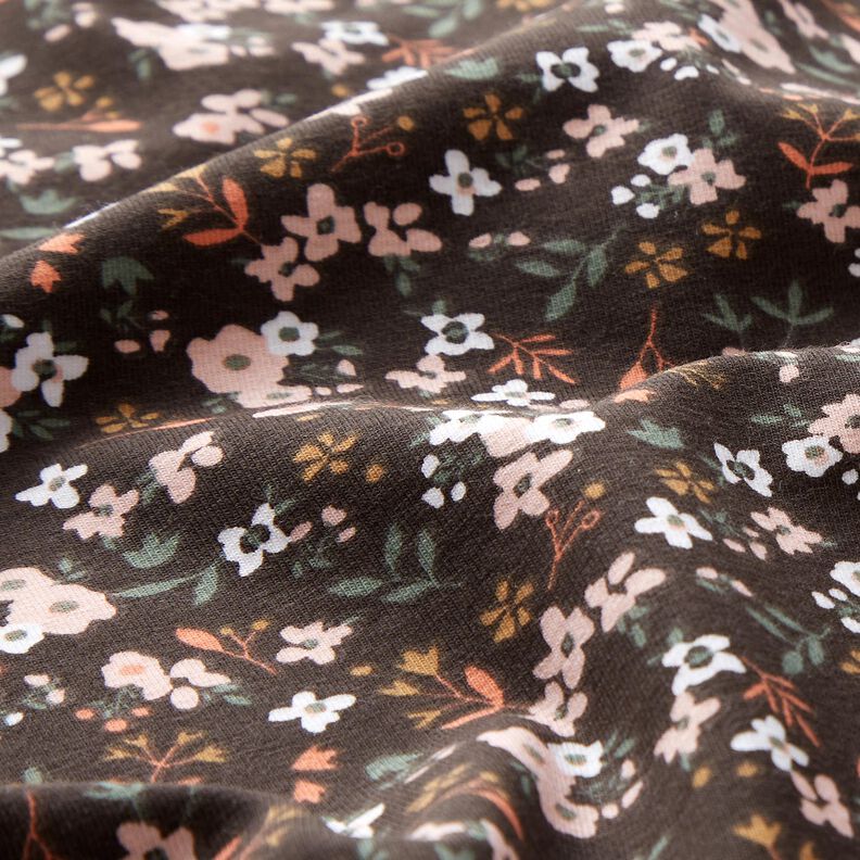 Bavlněný žerzej Vzor millefleurs (drobné kvítky) – černohnědá, image number 2