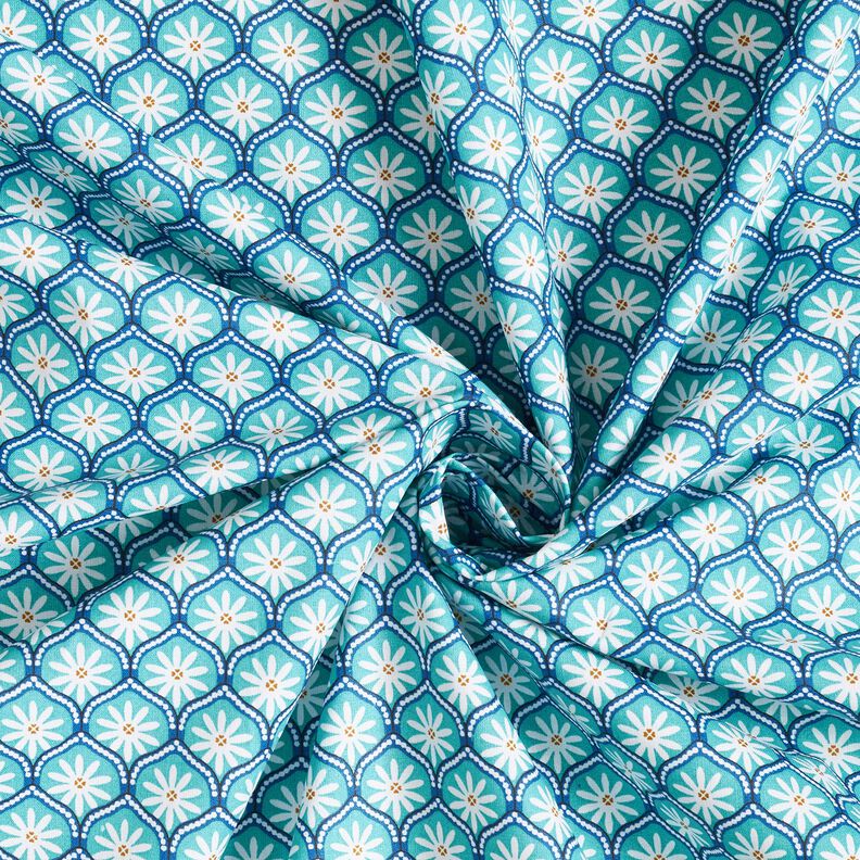 Povrstvená bavlna Květinové kachle – modrá aqua/bílá,  image number 3