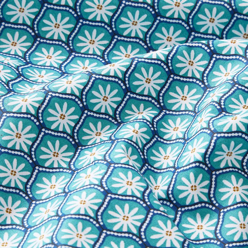 Povrstvená bavlna Květinové kachle – modrá aqua/bílá,  image number 2