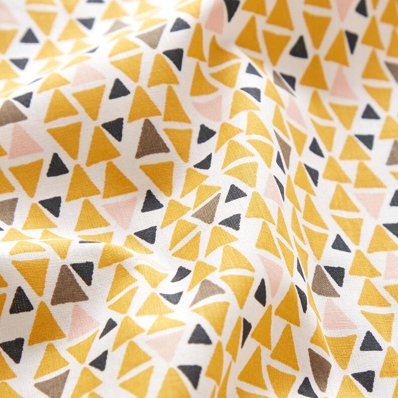 Bavlněná látka Kreton Trojúhelníky mini – světle růžová/kari žlutá,  image number 2