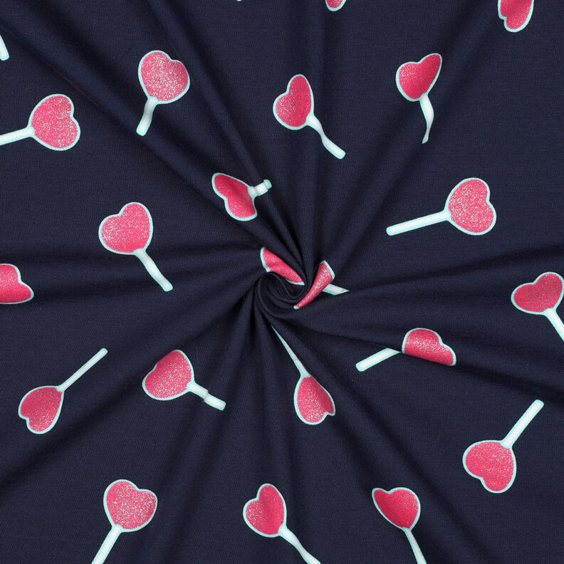 Bavlněný žerzej Lízátka ve tvaru třpytivých srdíček | Poppy Fabrics – noční modrá, image number 3