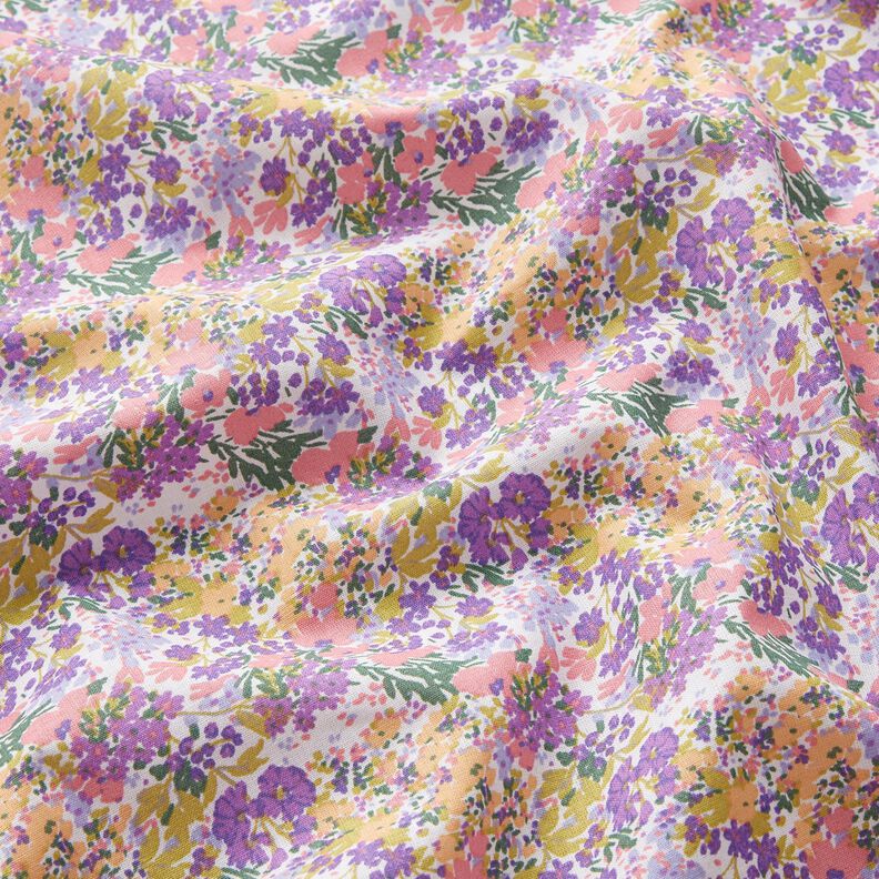 Bavlněná látka Kreton Moře květin – bílá/levandulová,  image number 2