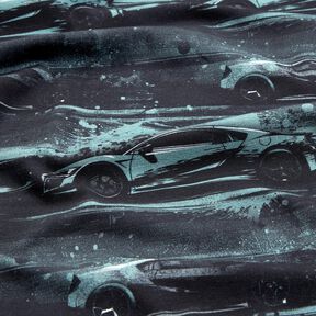 Bavlněný žerzej Závodní auto digitální potisk – černá/perlově šedá, 